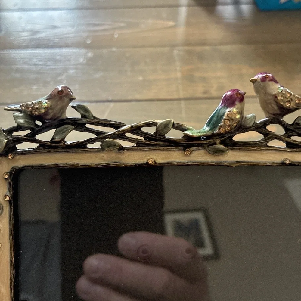 Metal Enamel Picture Frame with Birds and Vines Rhinestones 4 X 5